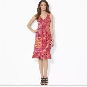 Lauren Ralph Lauren Red Pink Tan Sleeveless Patchwork Faux Wrap Dress S …